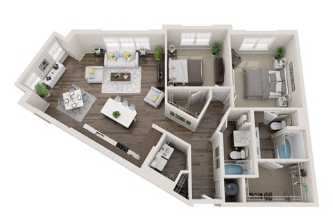 A 3D floor plan of a house with multiple rooms and furniture.